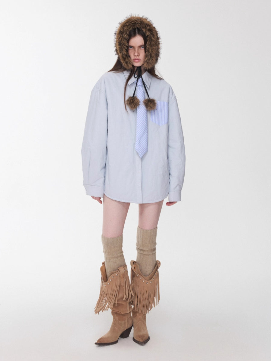 Embroidered Striped Reversible Cotton Padded Shirt & Skirt Set