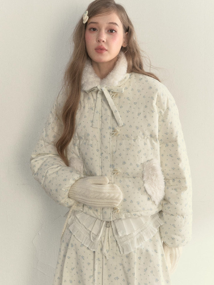 Floral Corduroy Down Jacket & Pleated Skirt