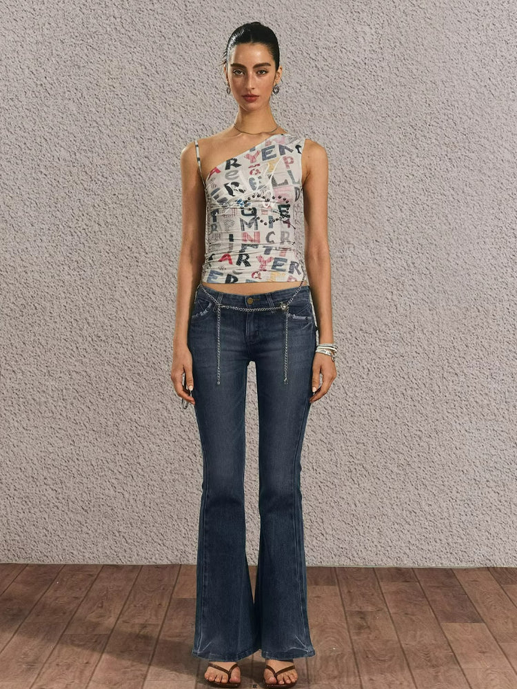 Vintage Print One-Shoulder Crop Top