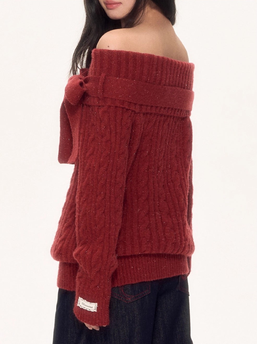 Red Off Shoulder Bow Knit Sweater