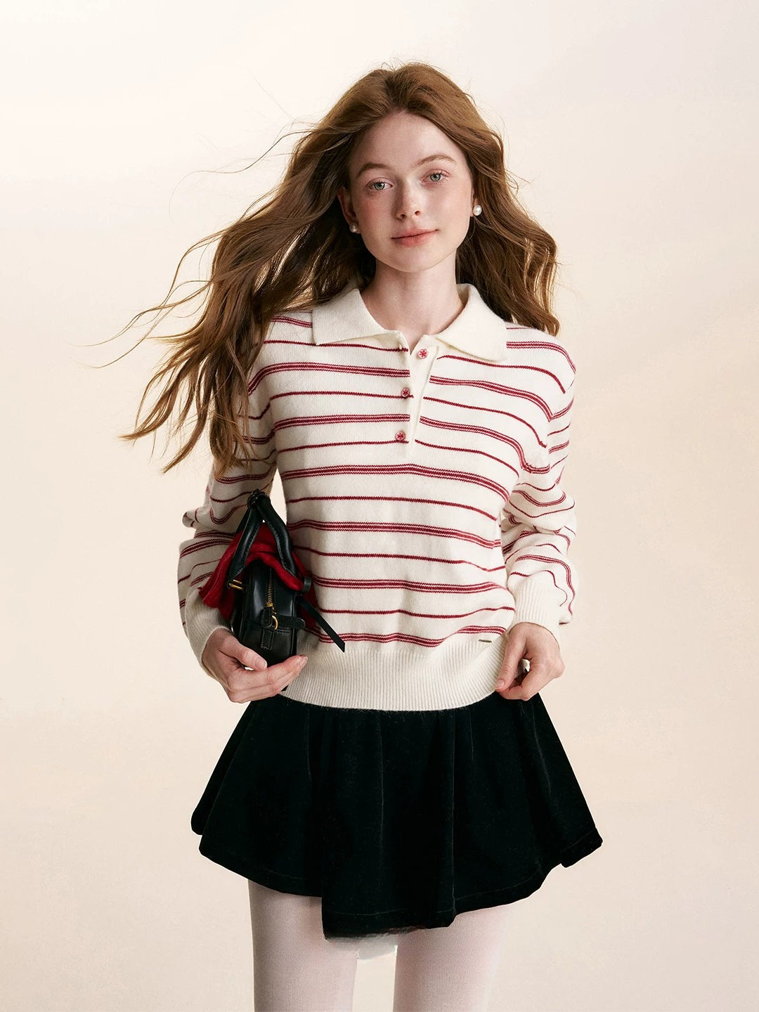 Striped Knit Polo Neck Pullover Sweater