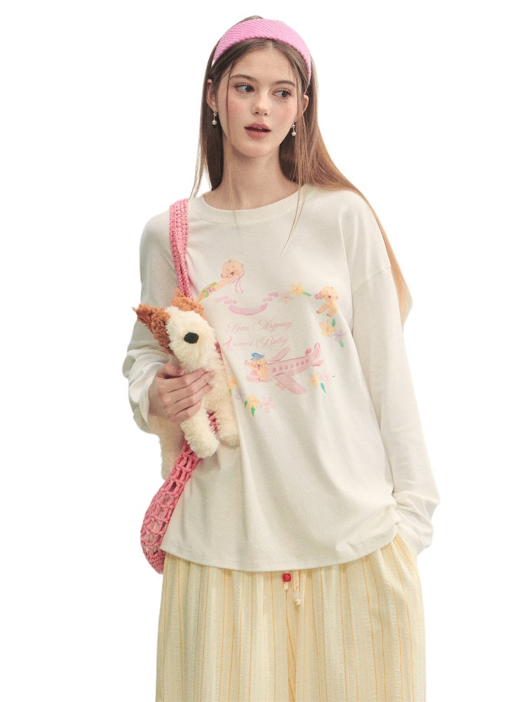 Crew Neck Dog Print Long-Sleeve Tee