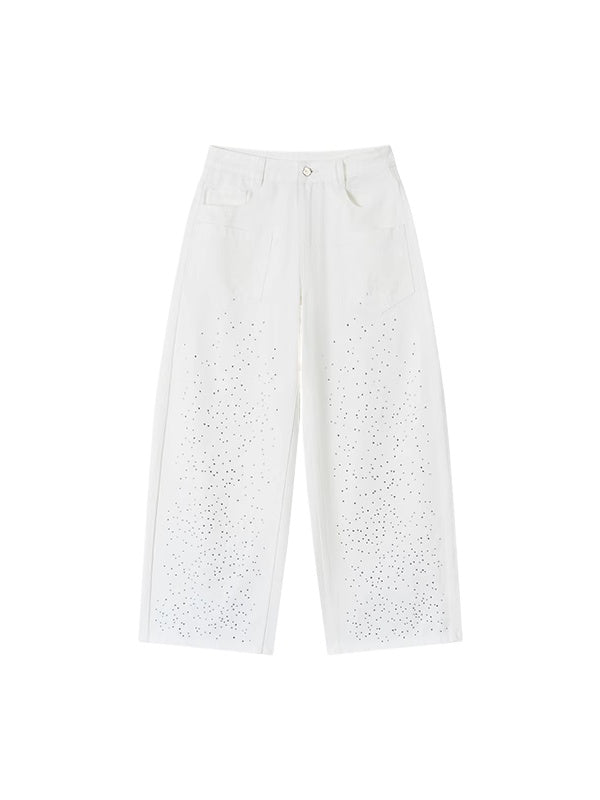 3D Rhinestone Wide-leg Denim Pants