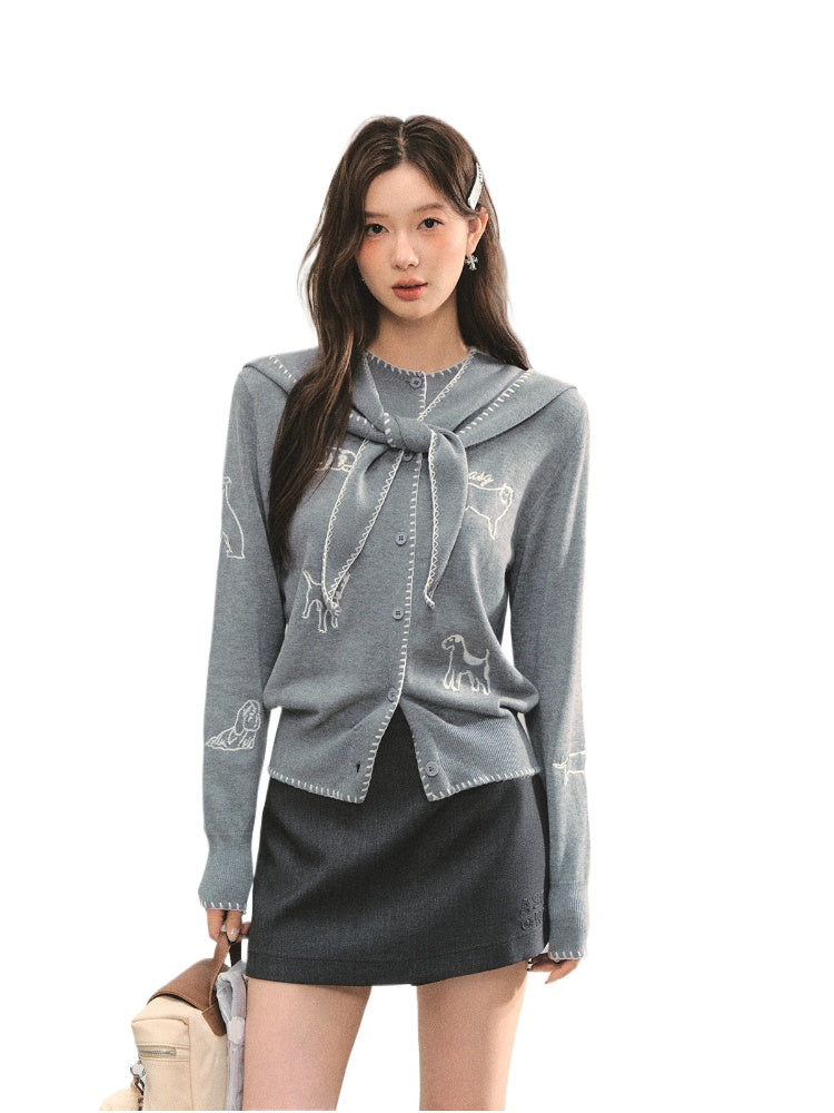 Puppy Embroidered Trim Hooded Knit Sweater