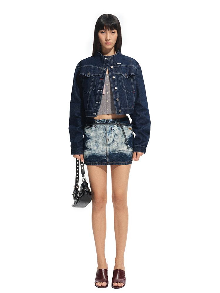 Denim Stand-Collar Regular-Shoulder Short Jacket
