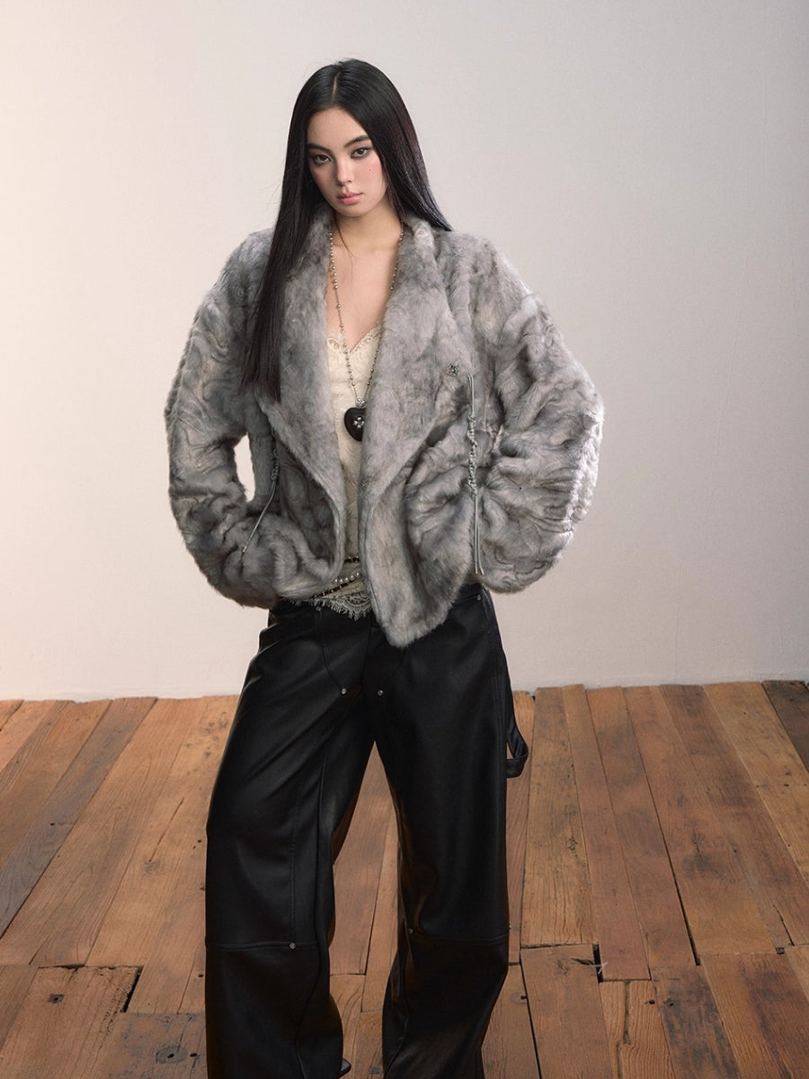 Textured Custom Large Notch Collar Faux Fur Coat
