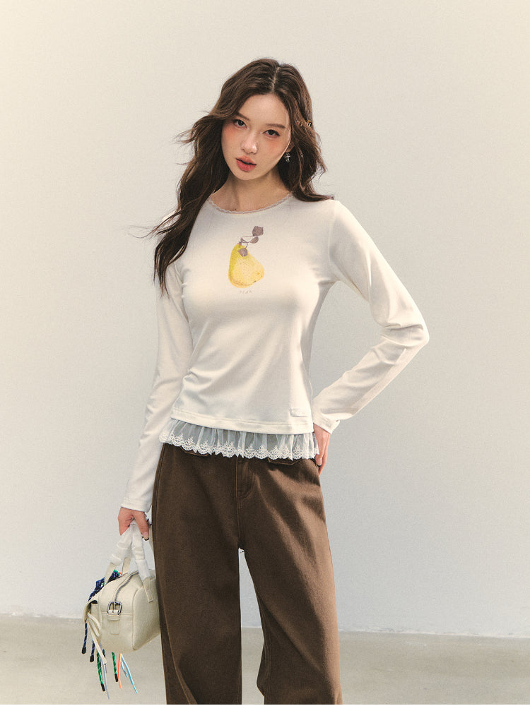 Fruit Print Lace-spliced T-Shirt