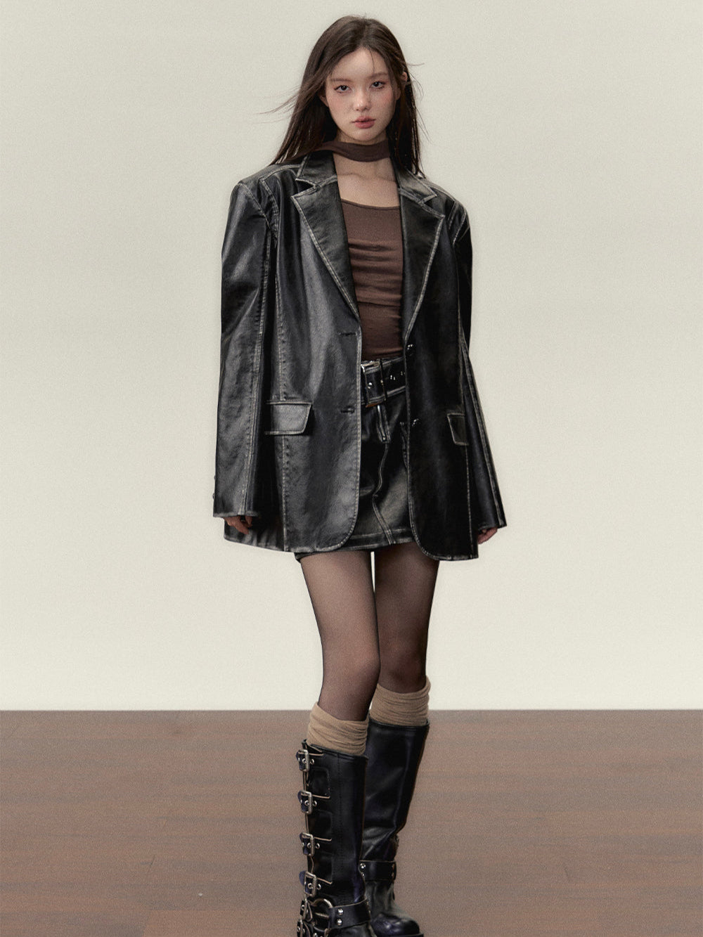 Vintage PU Leather Jacket & Skirt Two-Piece Set