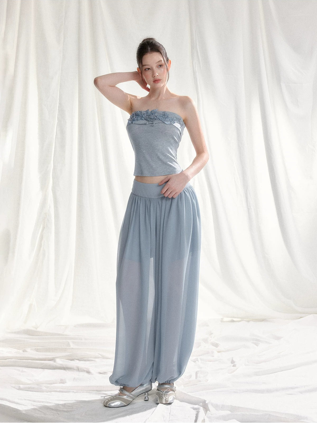 Floral Appliqué Bustier & Mesh Pants Set