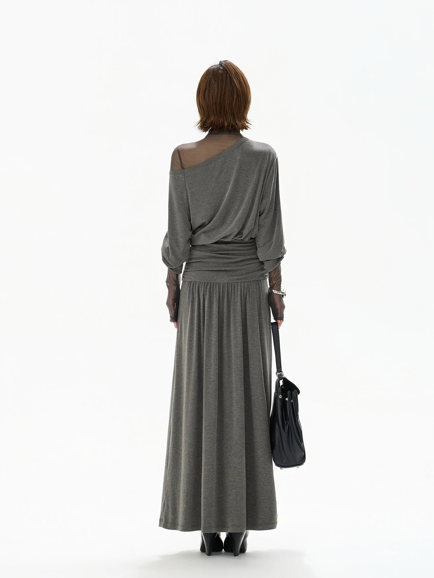 Gray Off Shoulder Knit Layered Dress