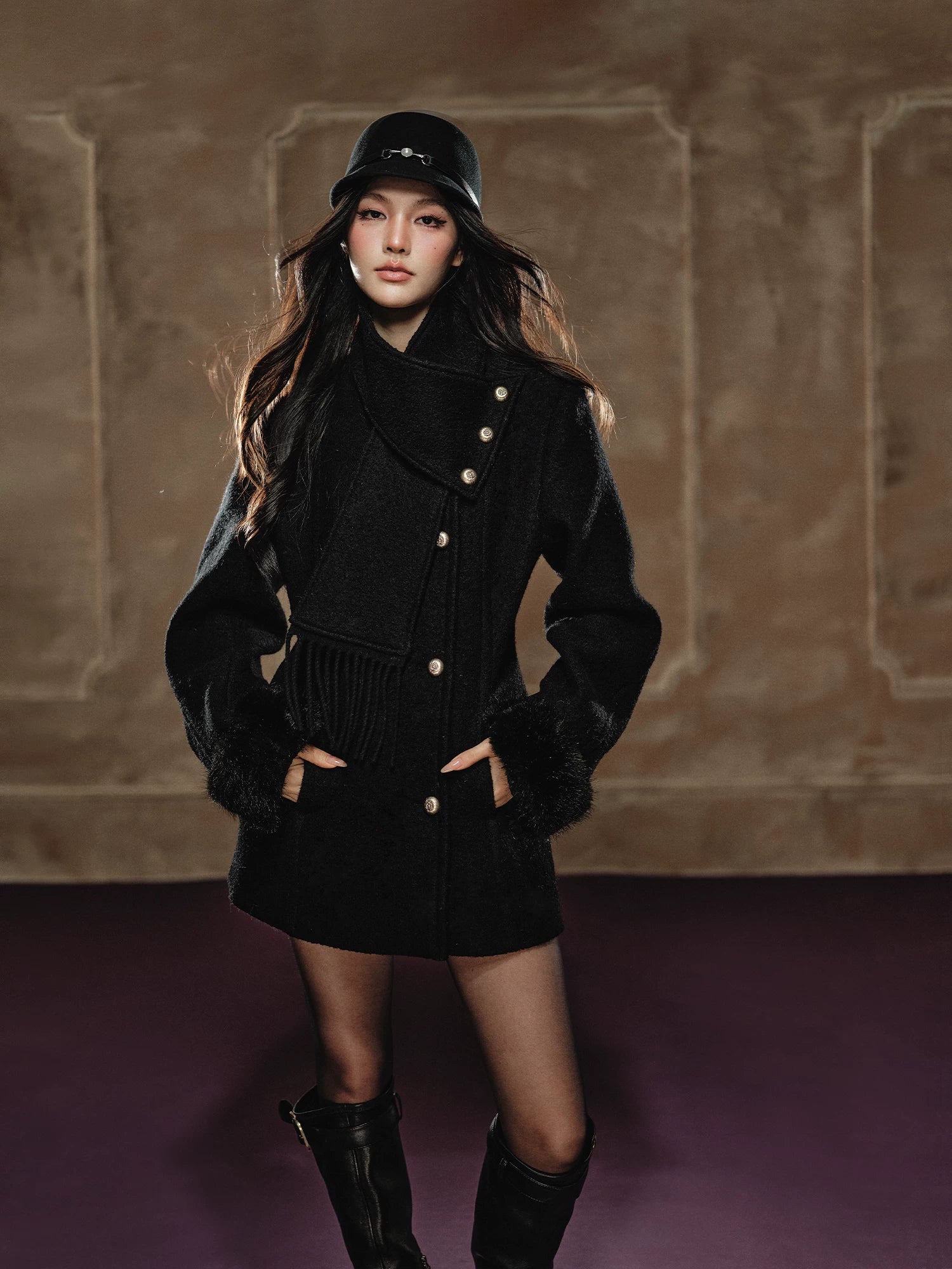 Black Wool Hourglass Coat & Scarf Set