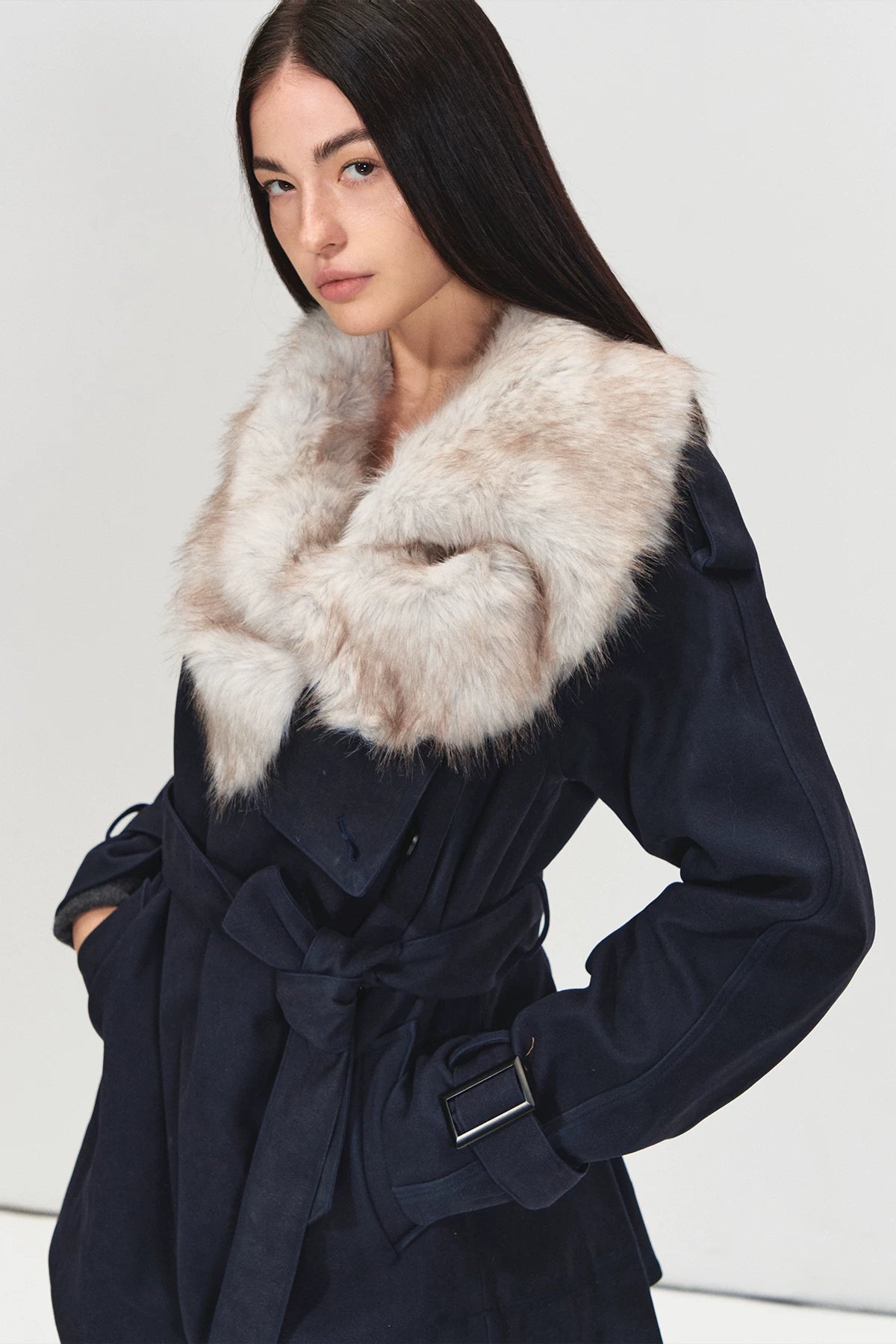 Navy Blue Suede Trench Coat