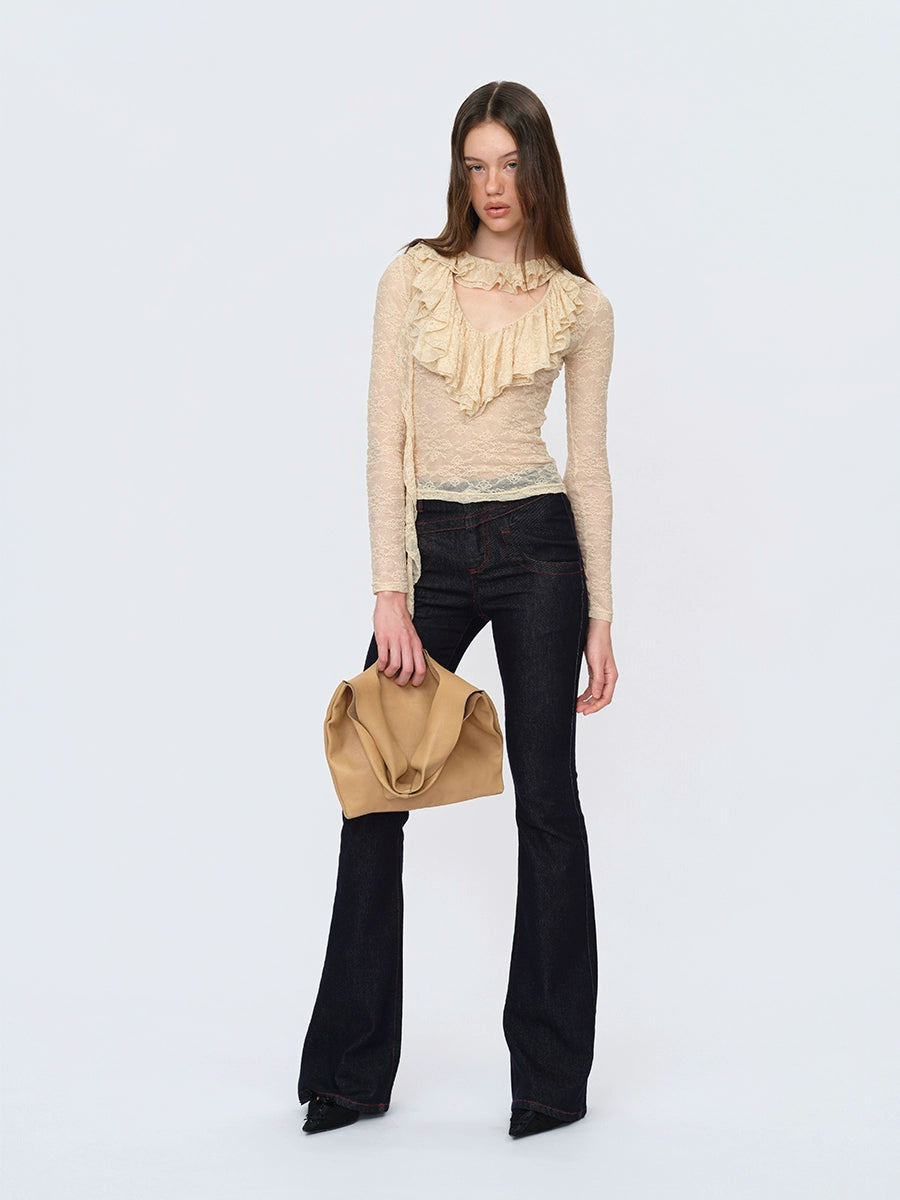 Beige Lace Trim Blouse
