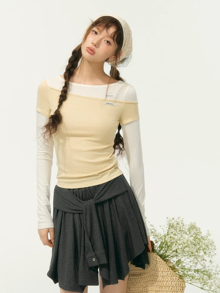 Irregular Fake Two-Piece Color-Block Knit T-shirt