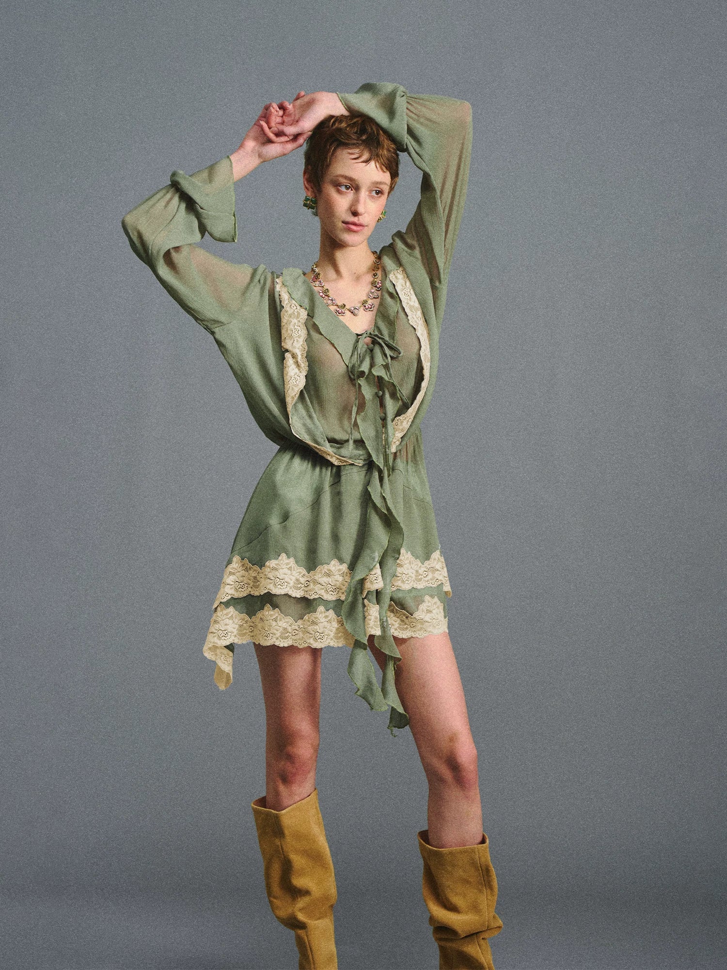 Moss Green Lace Layered Mini Dress