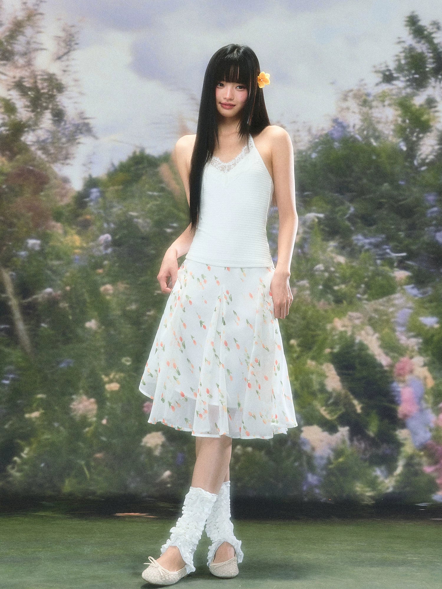French Floral Chiffon Midi Skirt