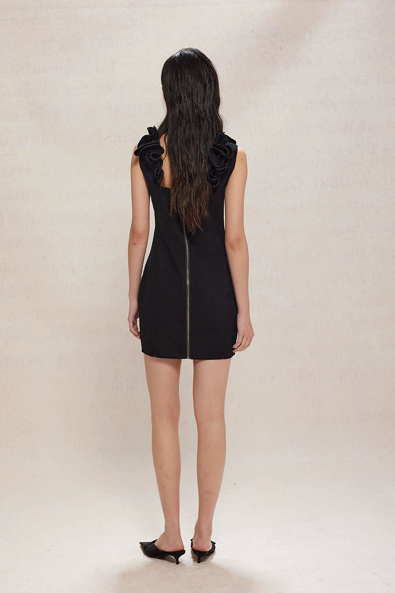 Black Ruffled V-neck Denim Dress