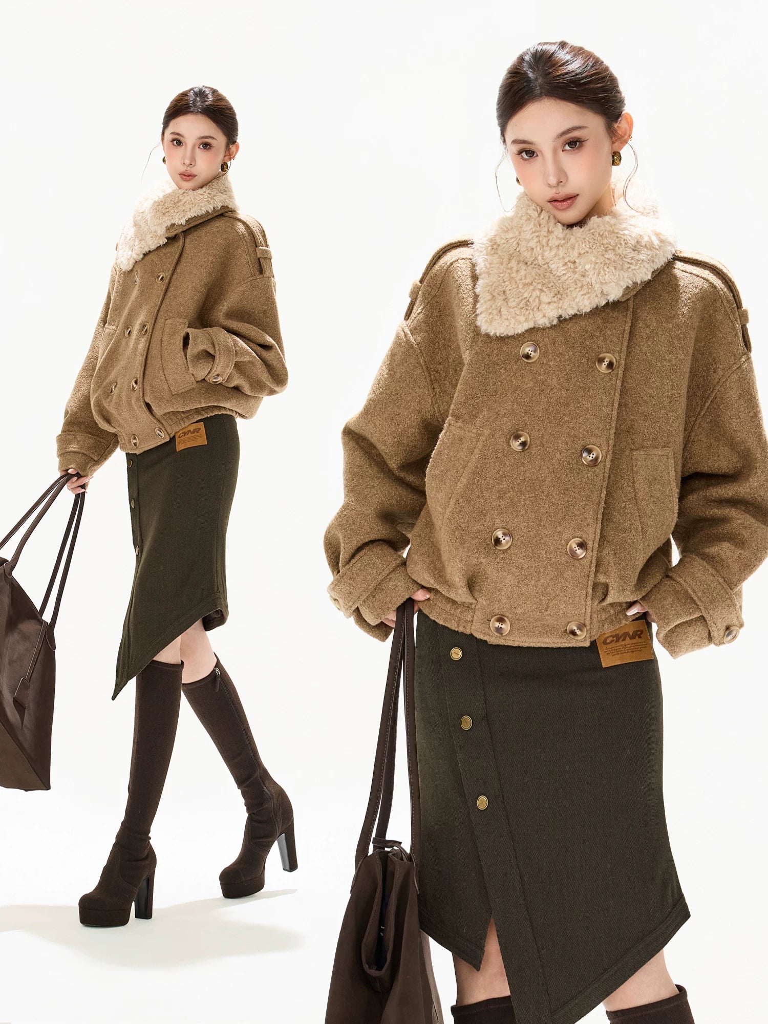 Asymmetric Fur Collar Coat