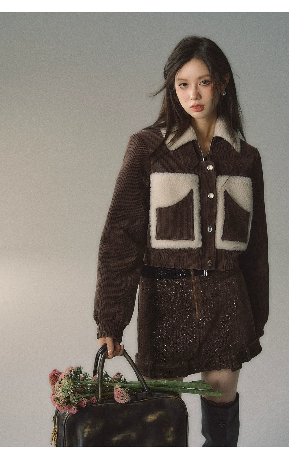 Brown Faux Fur Patchwork Short Jacket
