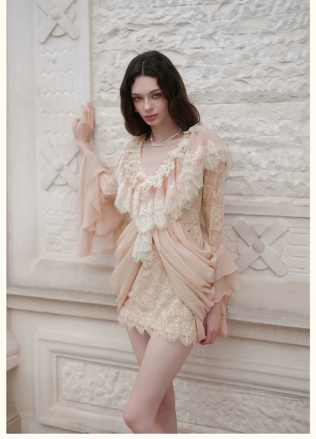 V-Neck Lace Pleated Dress