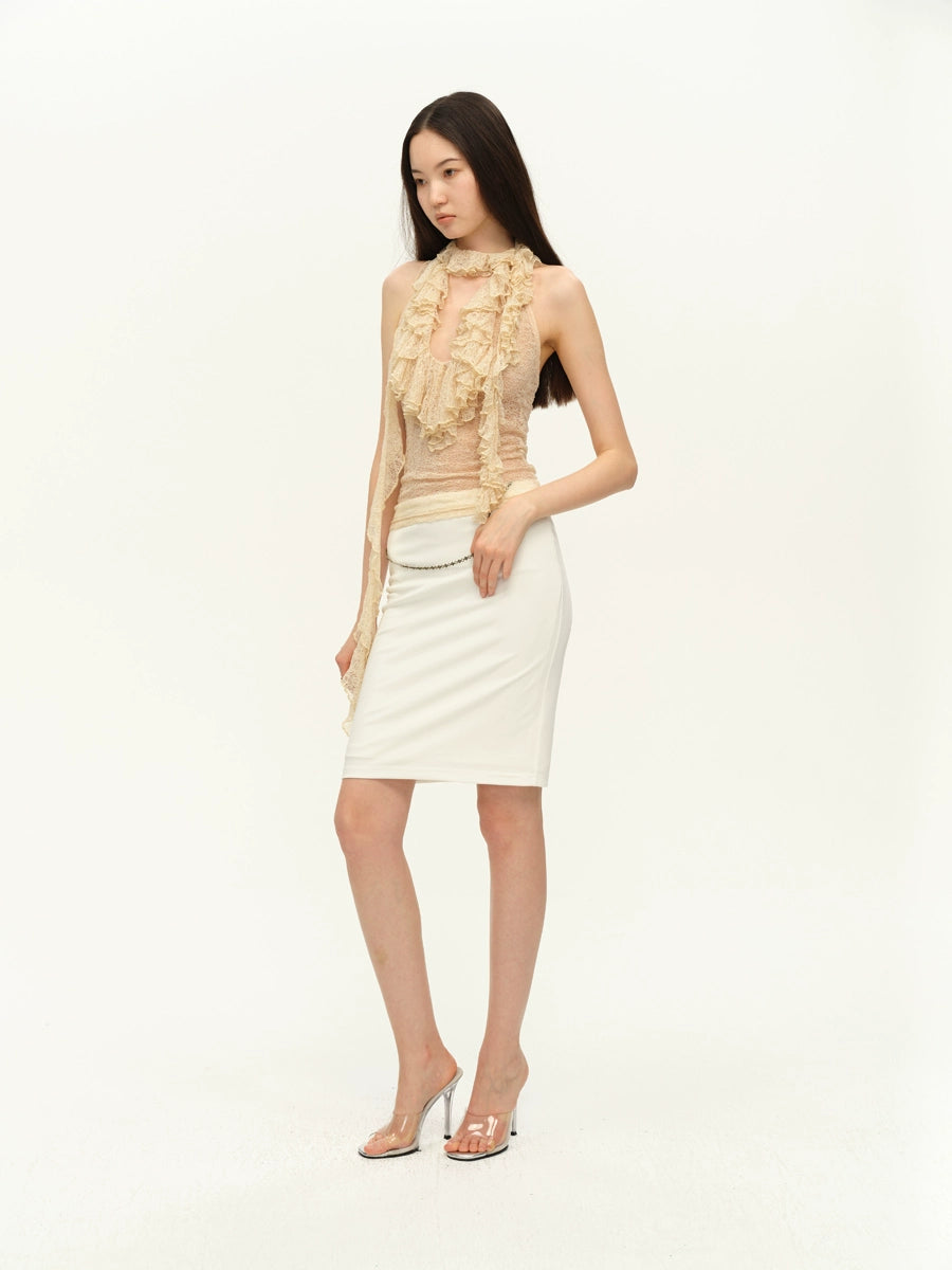 Two-Tone Lace Trim Halter Blouse