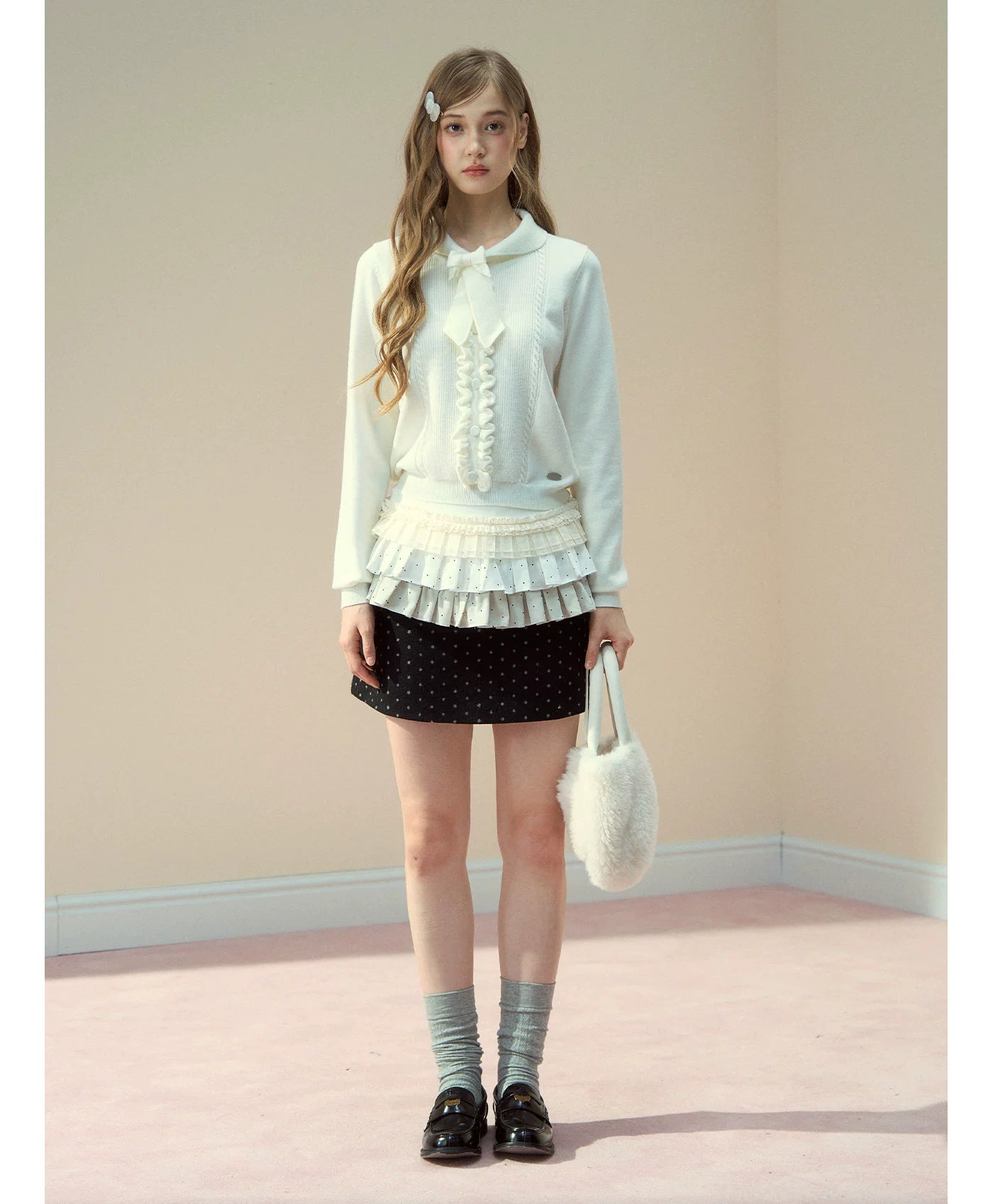 Ruffle-Tie Knit Peter-Pan Collar Sweater