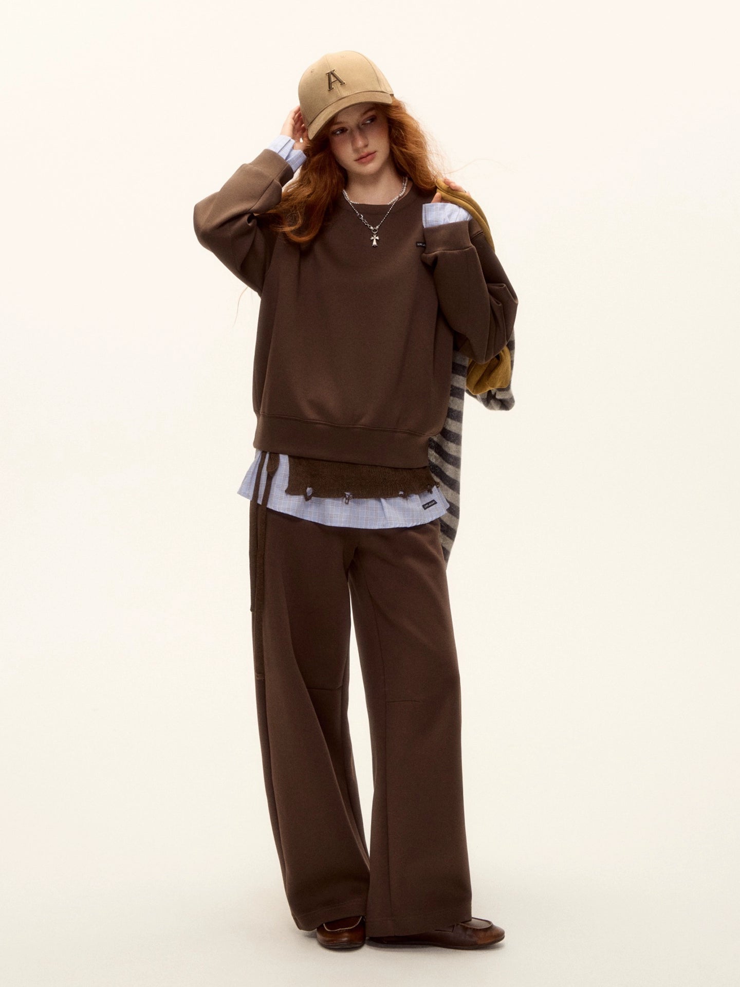 Plaid Trim Sweatshirt Set
