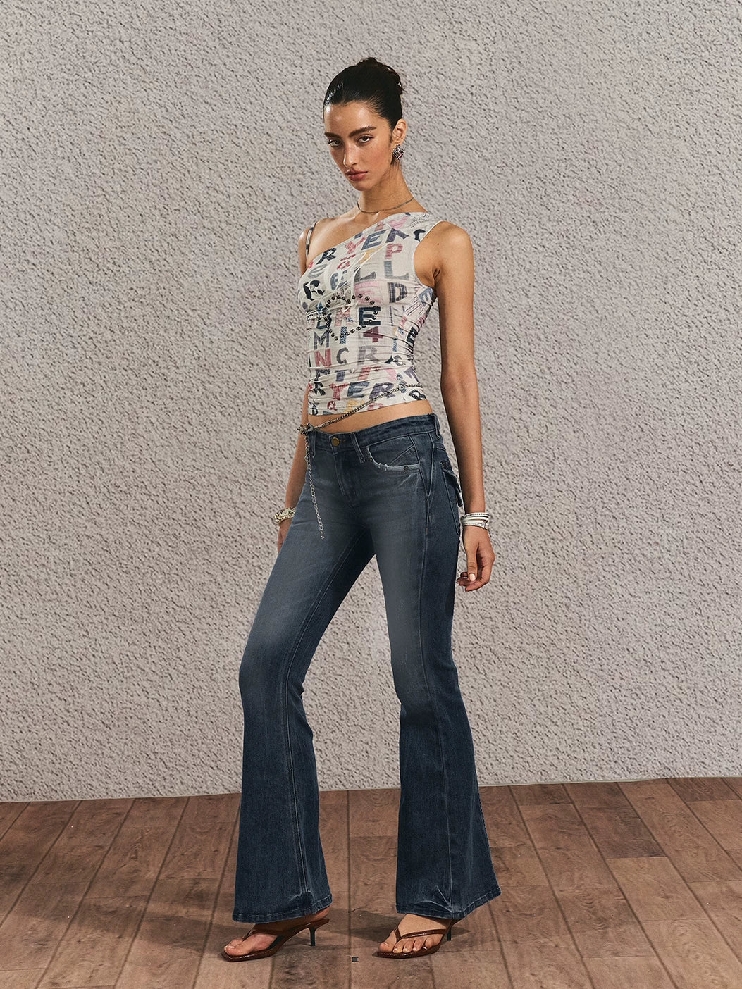 Vintage Print One-Shoulder Crop Top