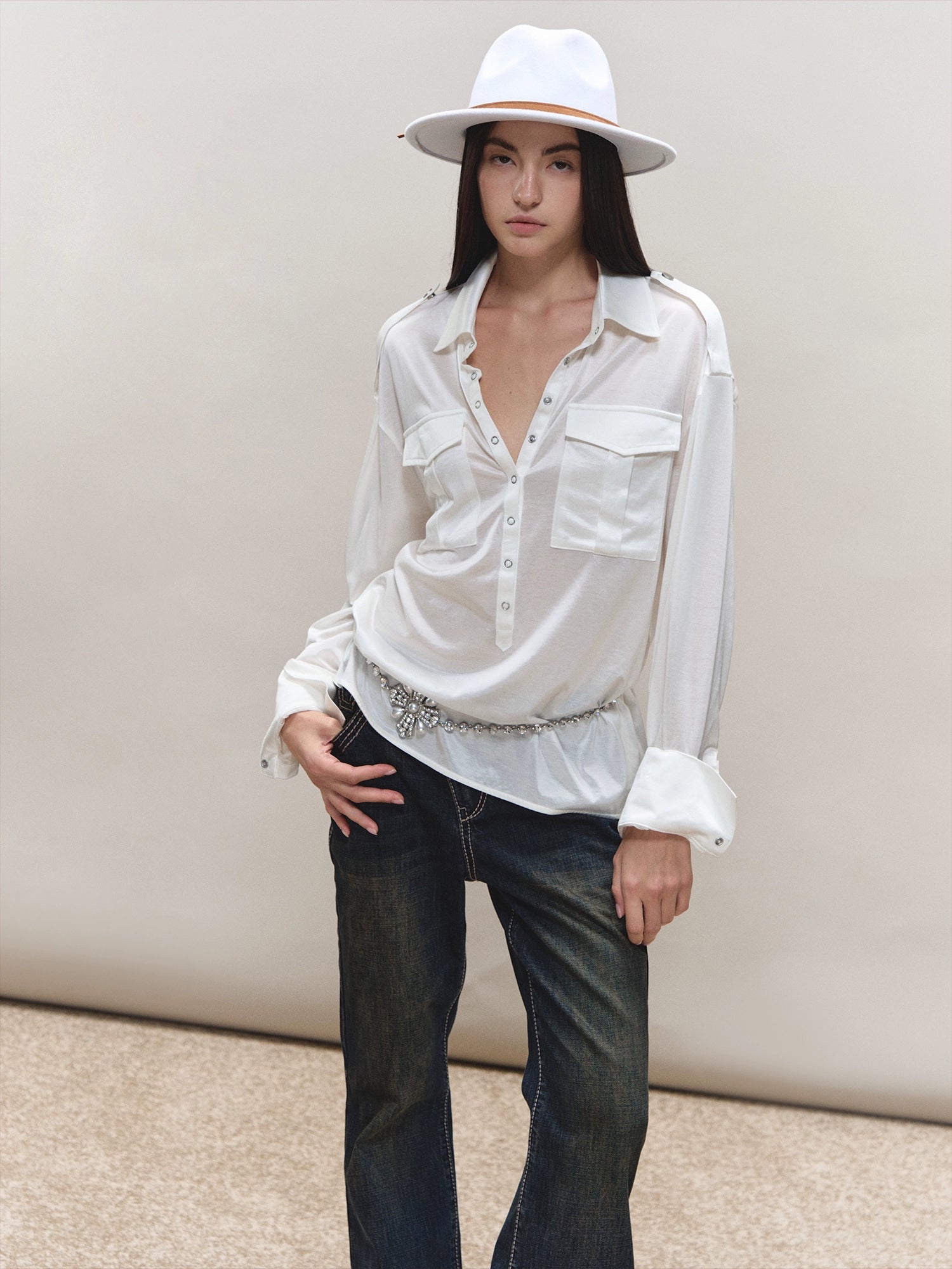 Satin-Sheen Knit Utility Shirt