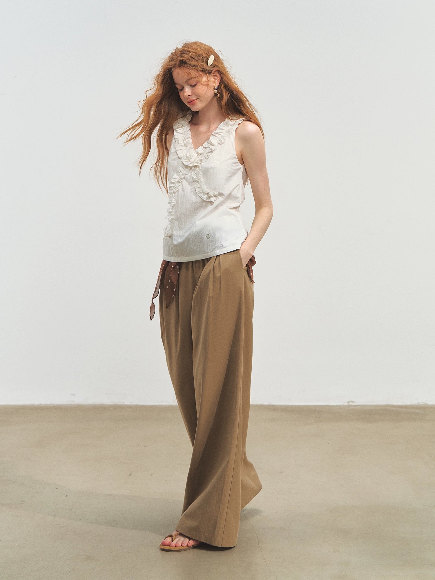 French Ruffle Lace Knotted Flower V-neck Top