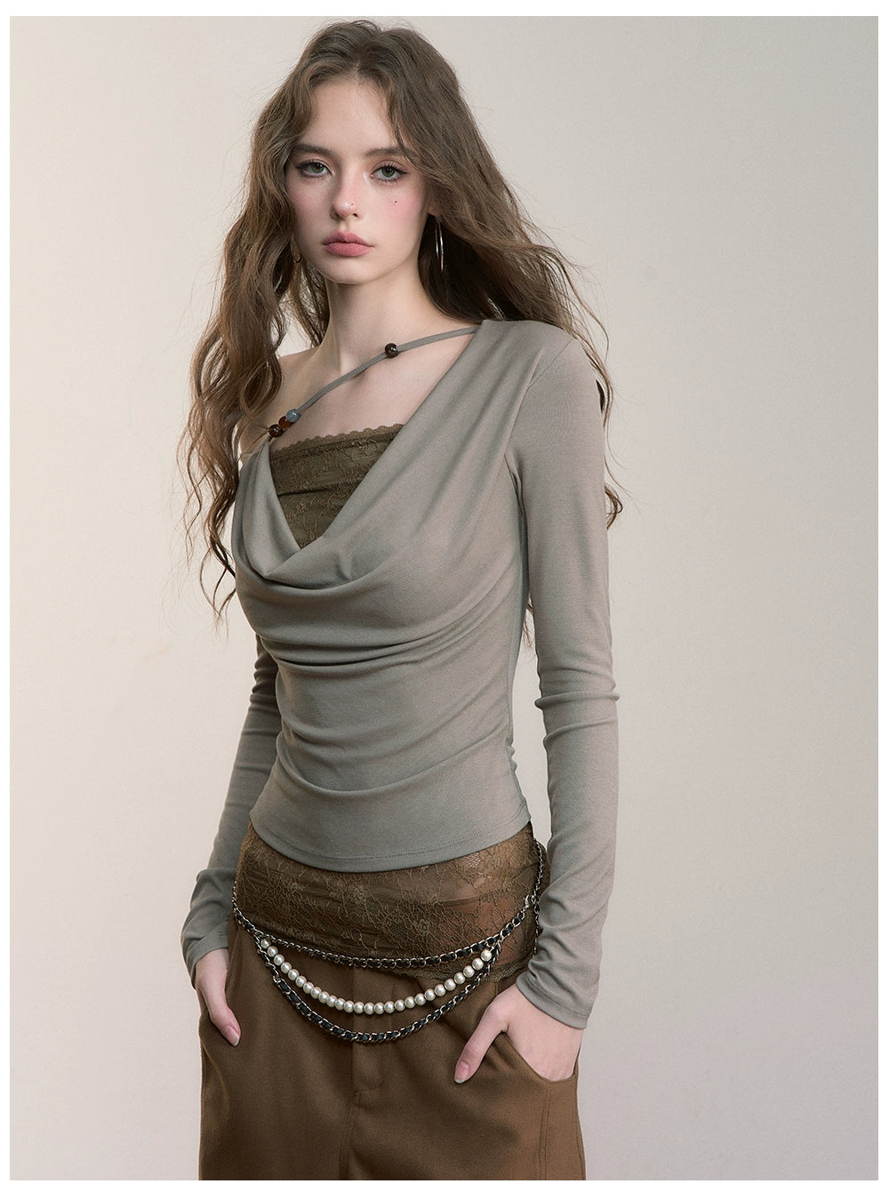 Asymmetric Beaded Drape T-shirt