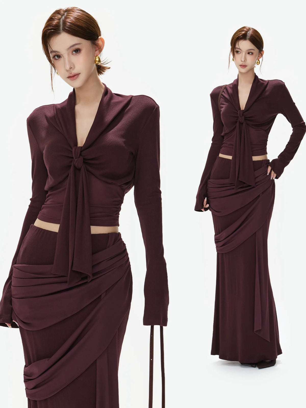 Purple Twist V-Neck Top & Mermaid Skirt Set