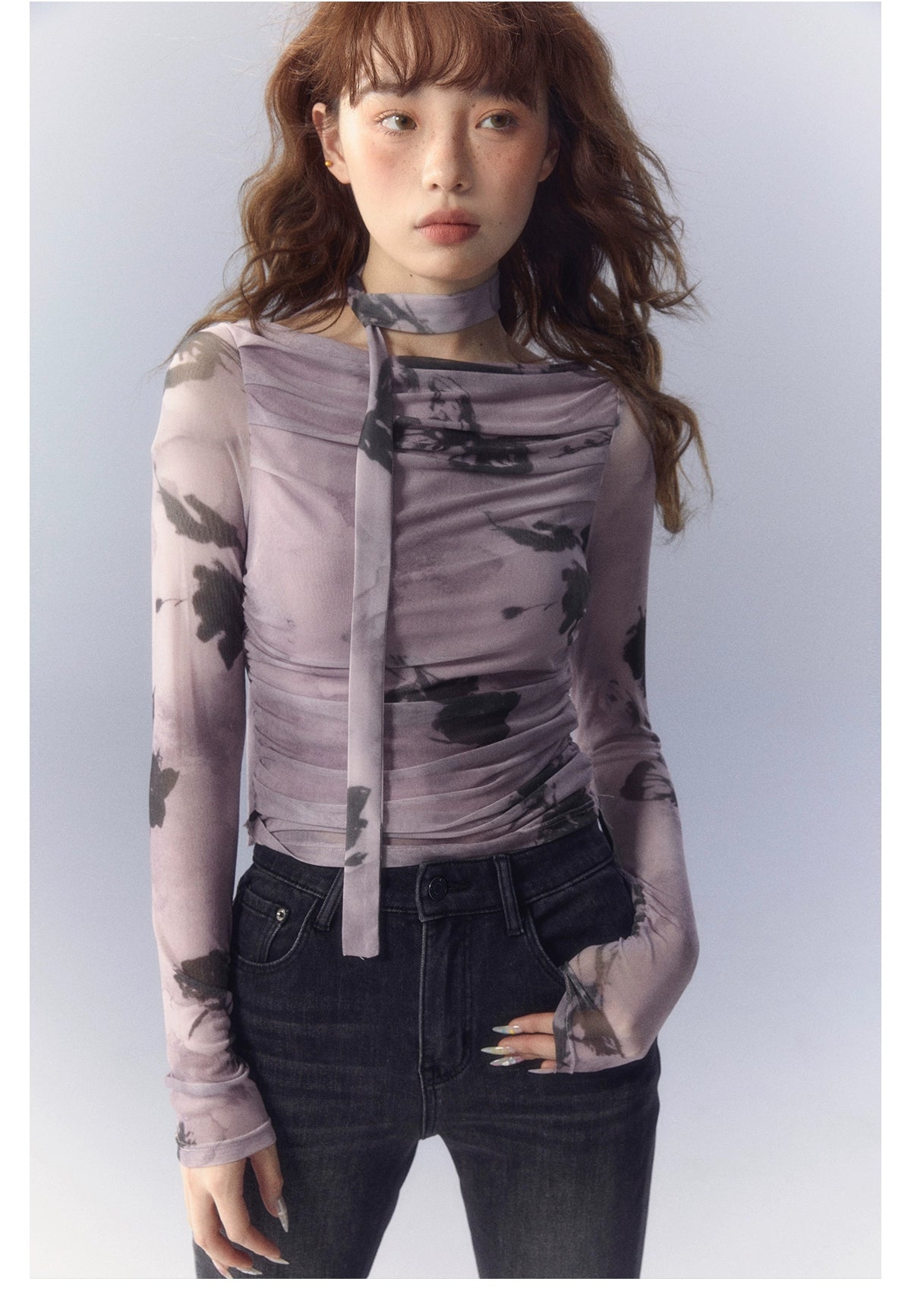 Purple Rose Printed Mesh Long Sleeve T-shirt