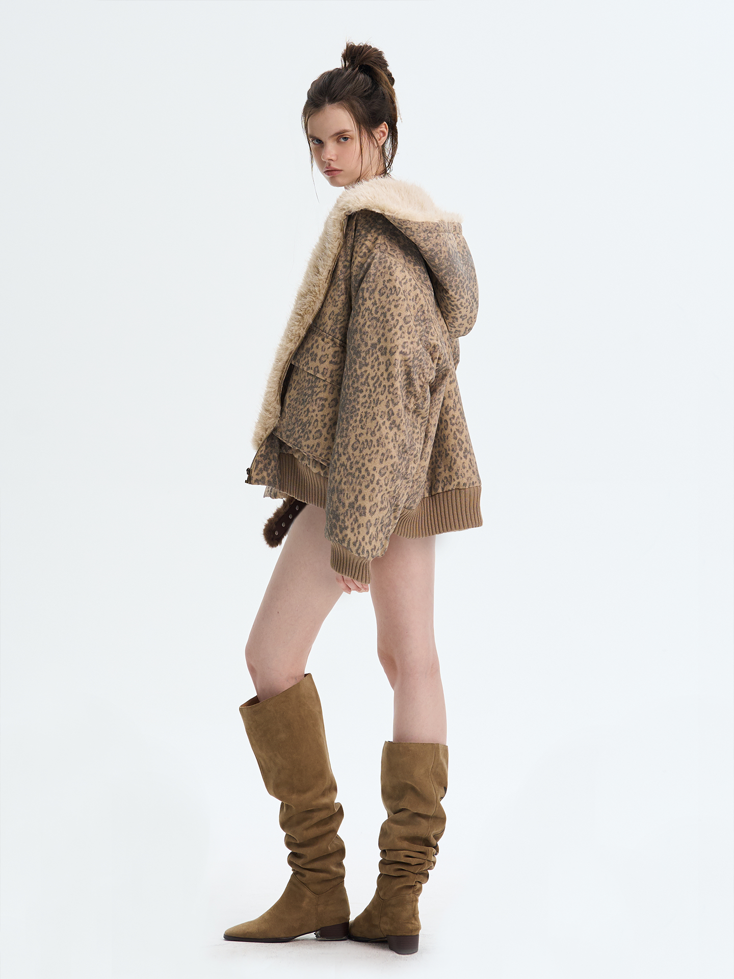 Leopard Printed Faux Fur Hooded Jacket