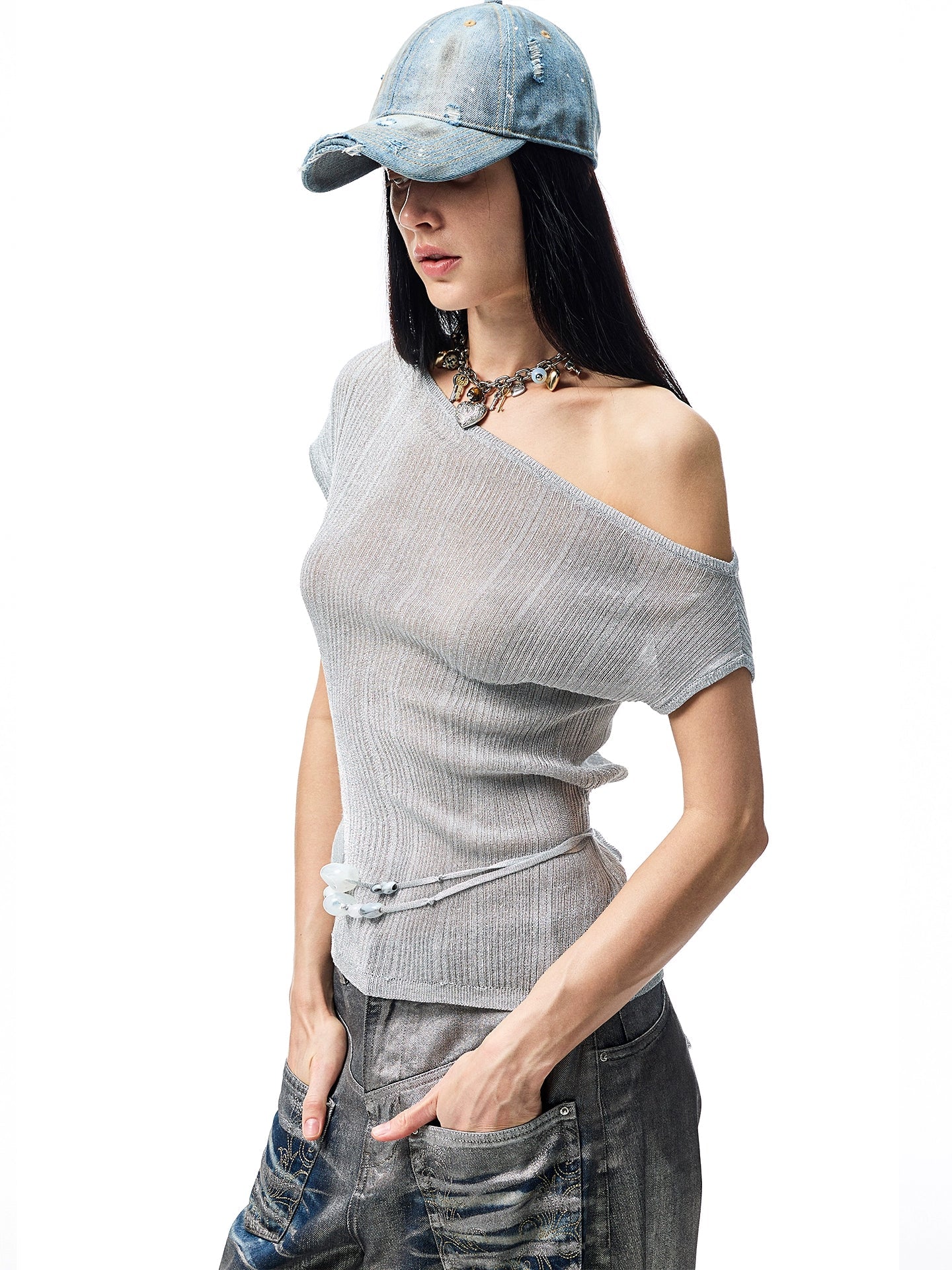Asymmetric Shoulder Knit Short Sleeve T-shirt