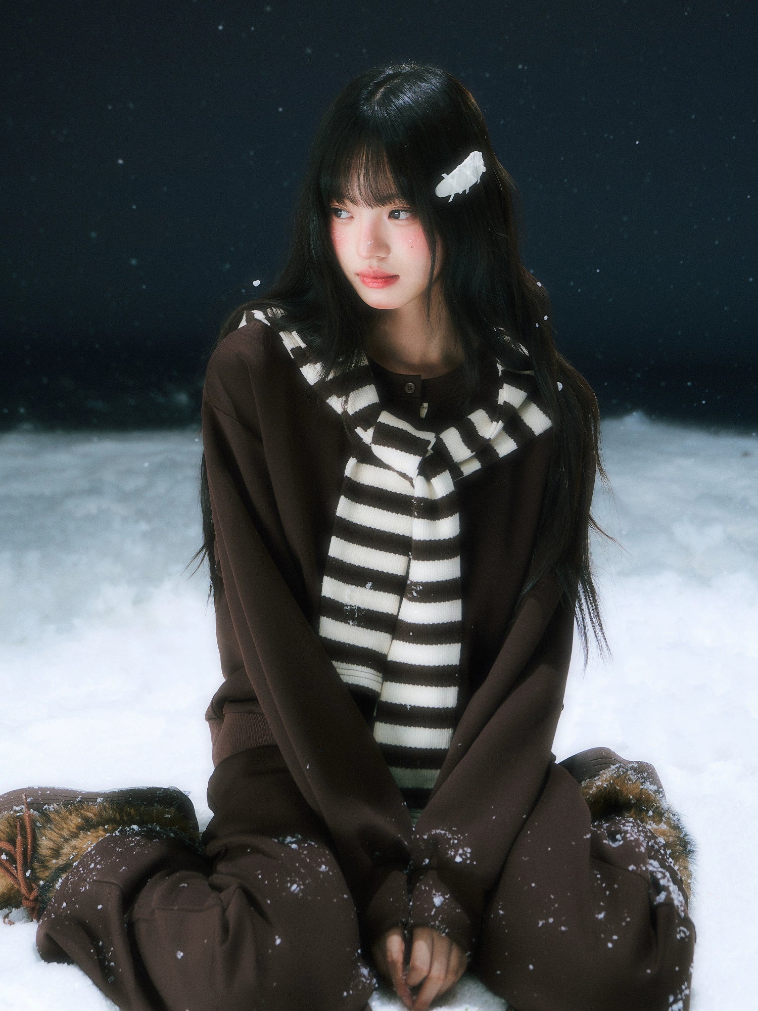 Brown Stripe Hooded Faux Two-piece Sweatshirt