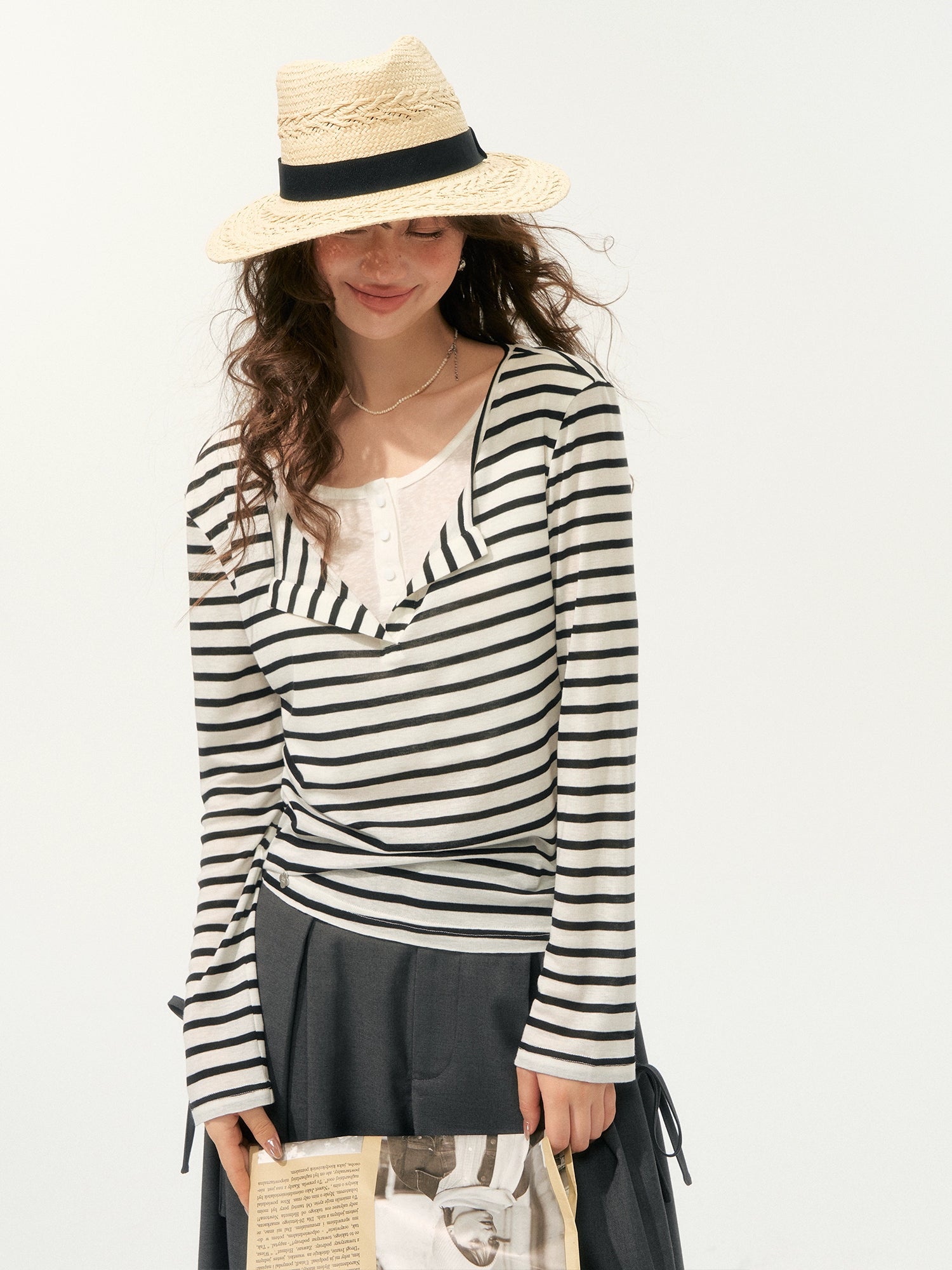 Fake Two-Piece V-Swing Neck Striped T-Shirt