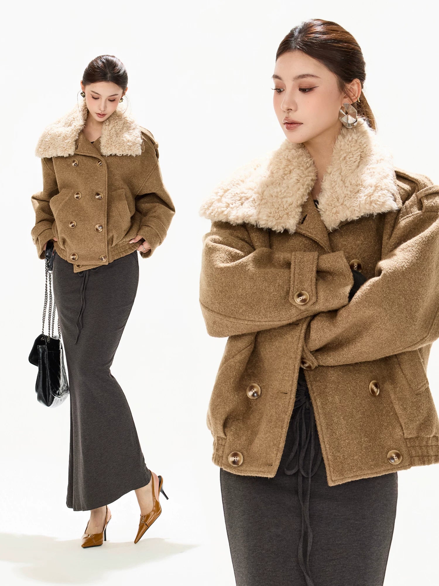 Asymmetric Fur Collar Coat