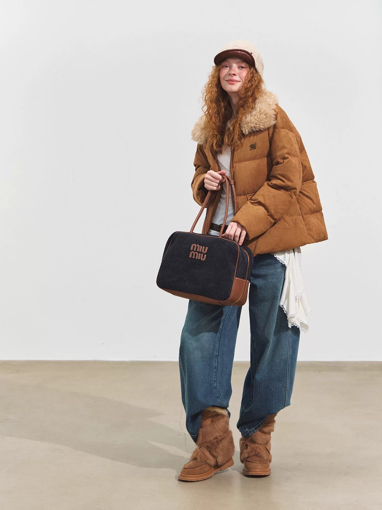 Faux Suede Fur Collar Down Jacket