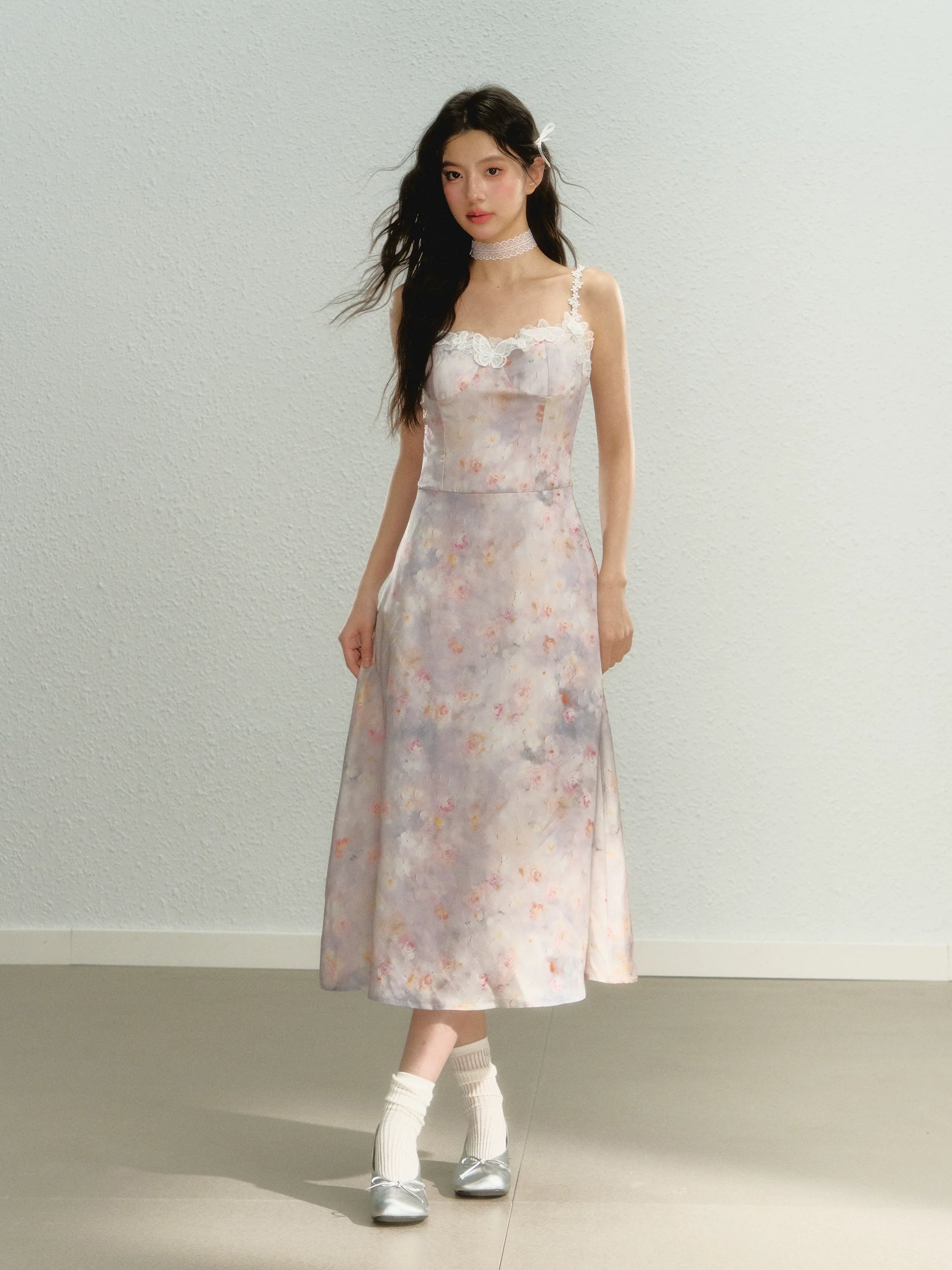 Purple New Chinese Style Printed Cami Dress