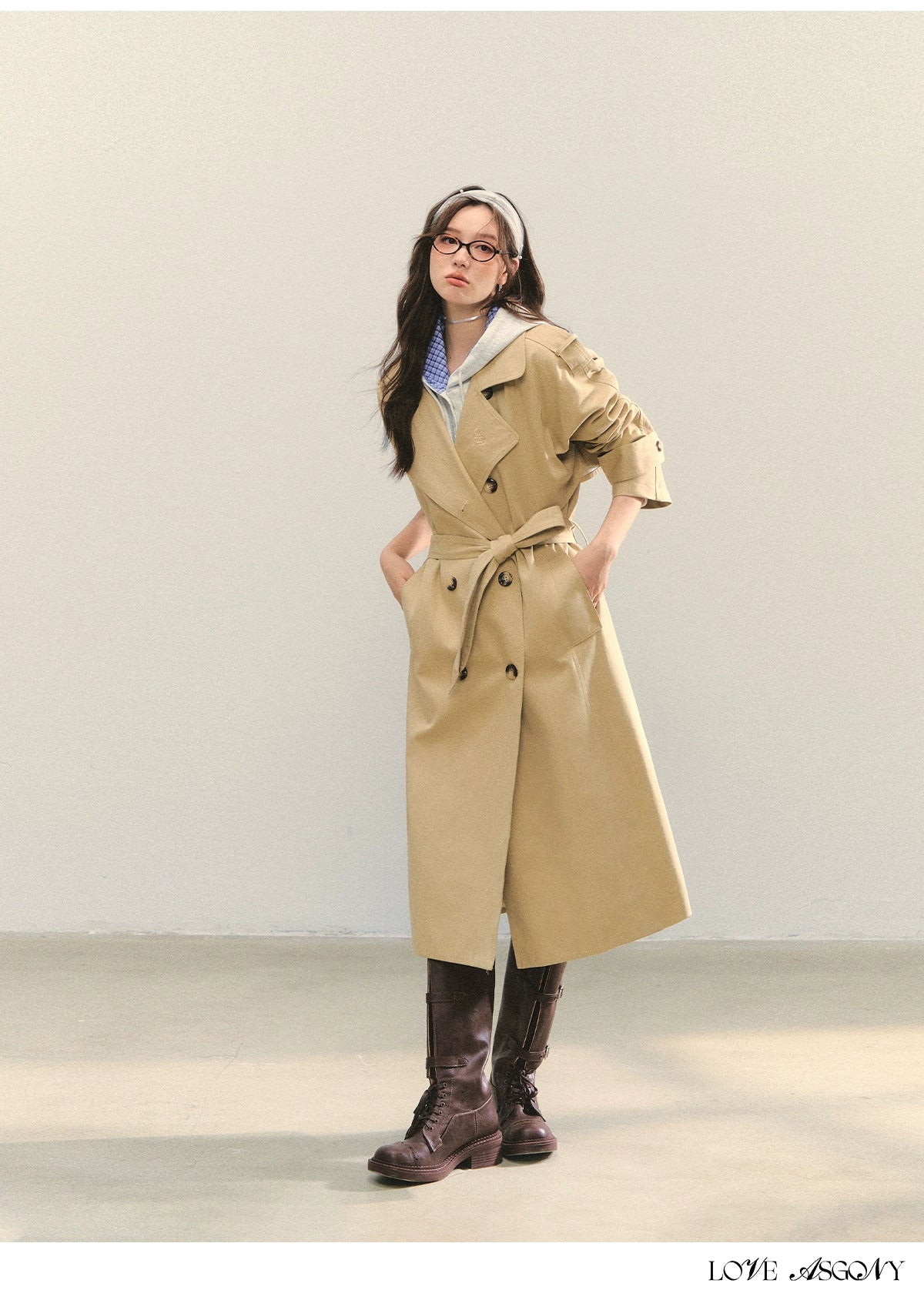 Khaki Embroidered Collar Khaki Long Trench Coat