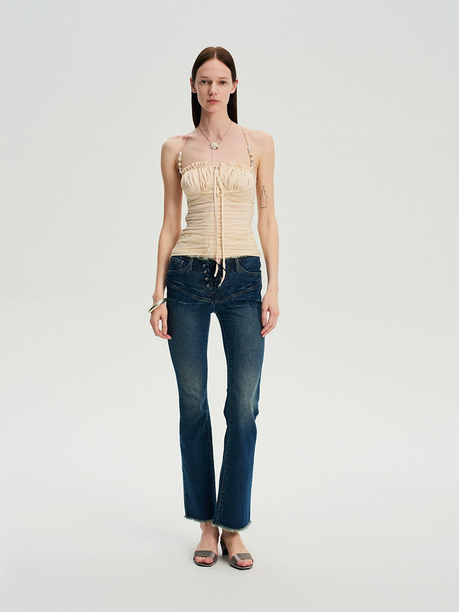 Beaded Strap Lace Splicing Acetate Cami Top