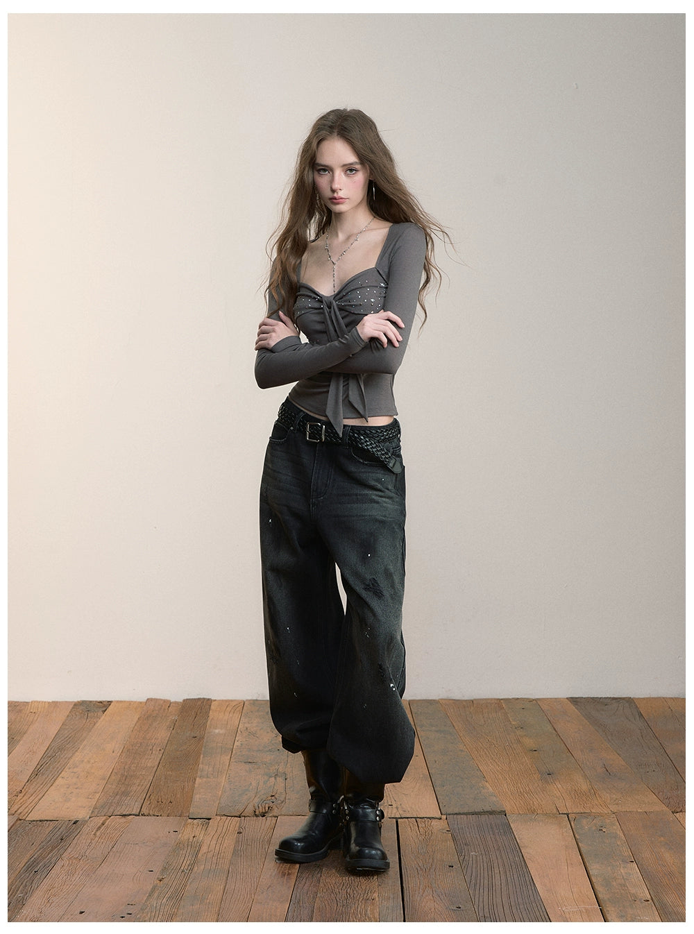Distressed Wide-Leg Denim Pants