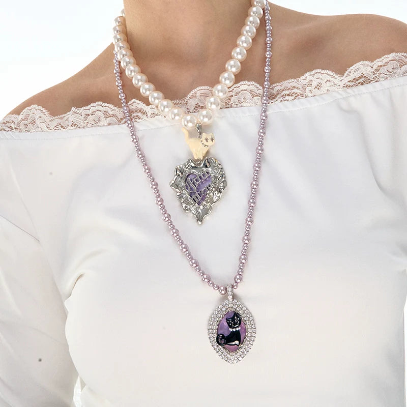 Cat Enamel Purple Pearl Necklace