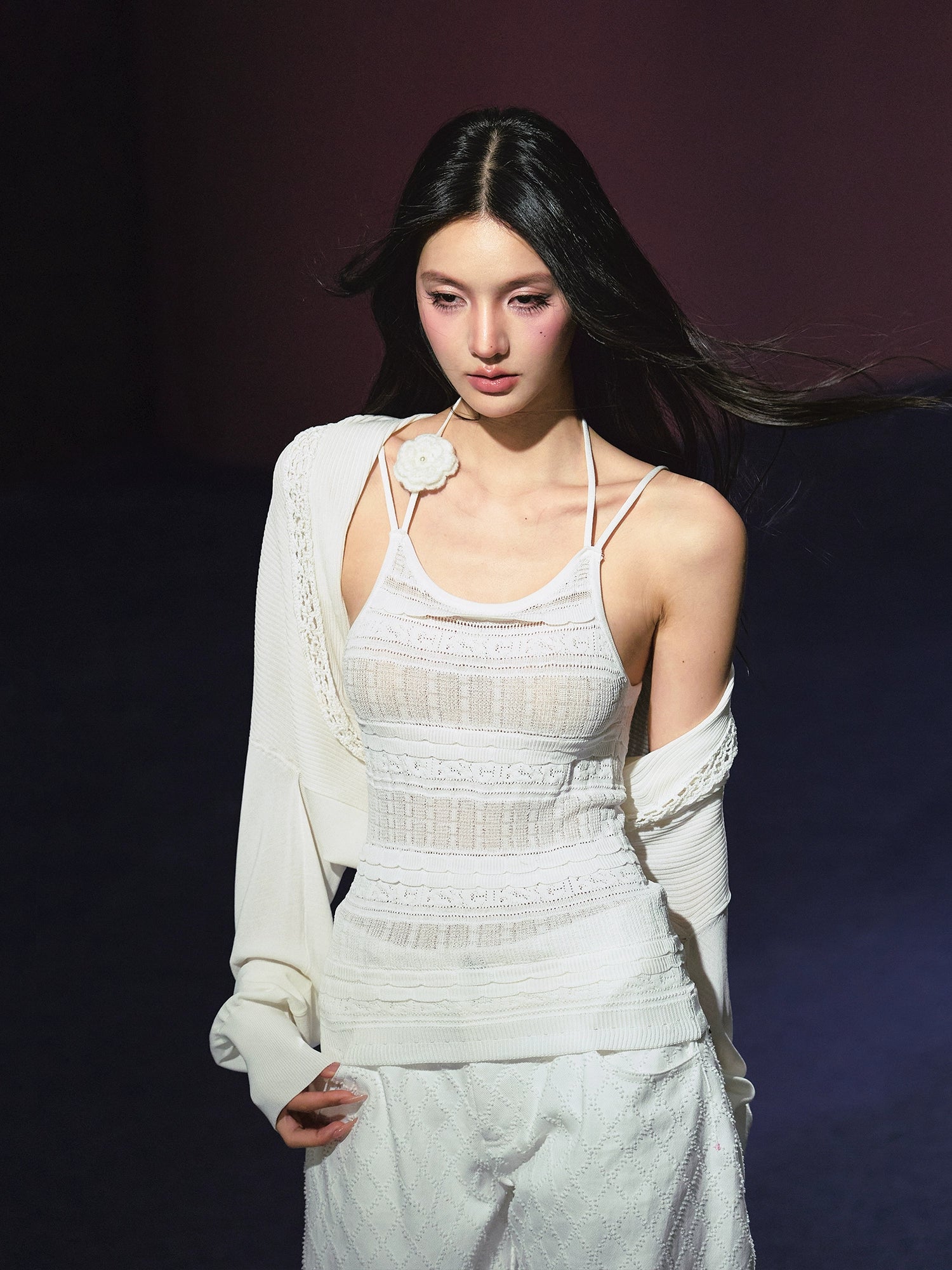 Hooked-Flower Slightly Sheer Camisole & Shawl Set