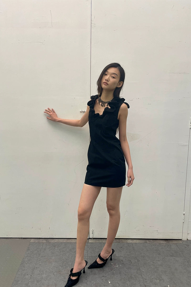 Black Ruffled V-neck Denim Dress