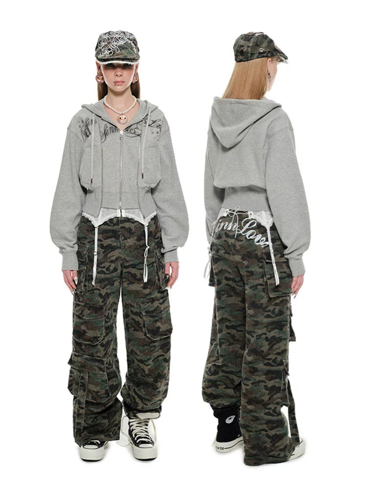 White & Gray Cropped Hoodie Cardigan