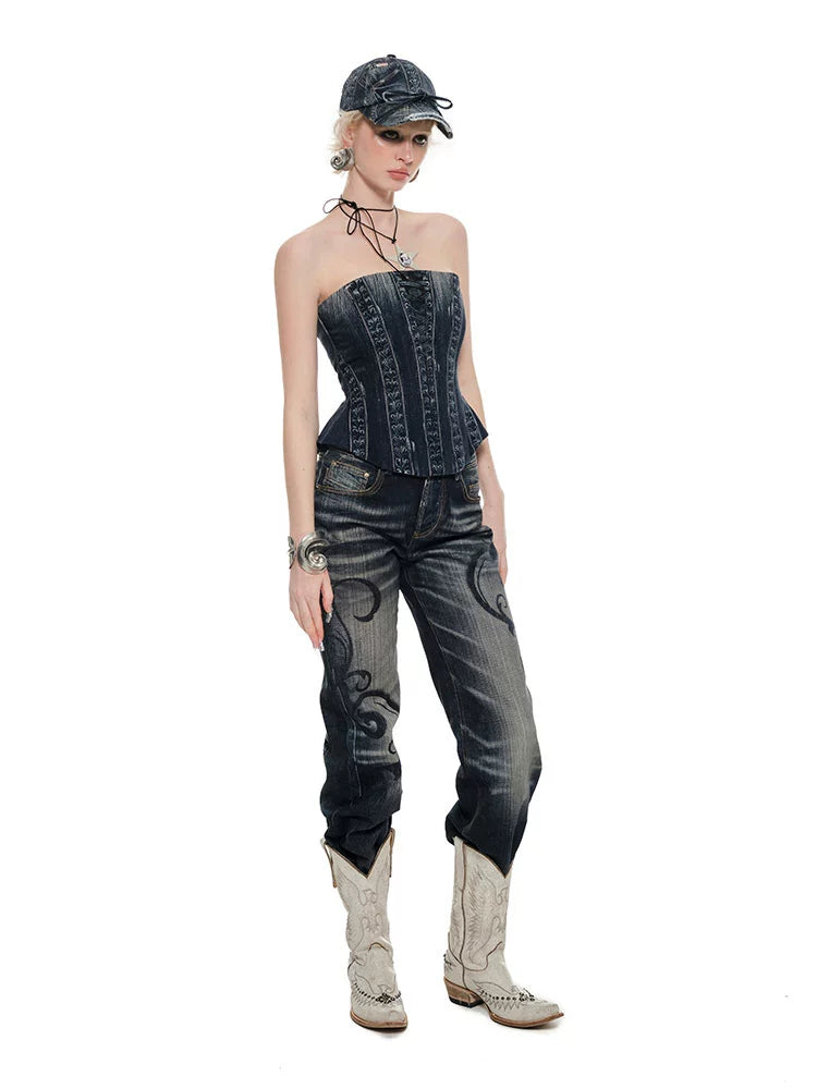 Denim Blue & Black Printed Fishtail Corset