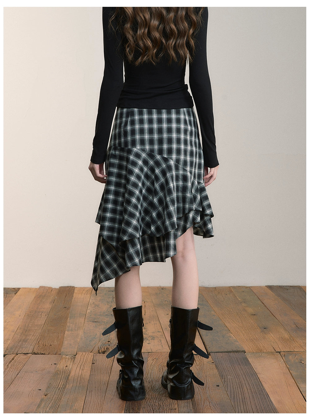 Asymmetric Plaid Midi Skirt