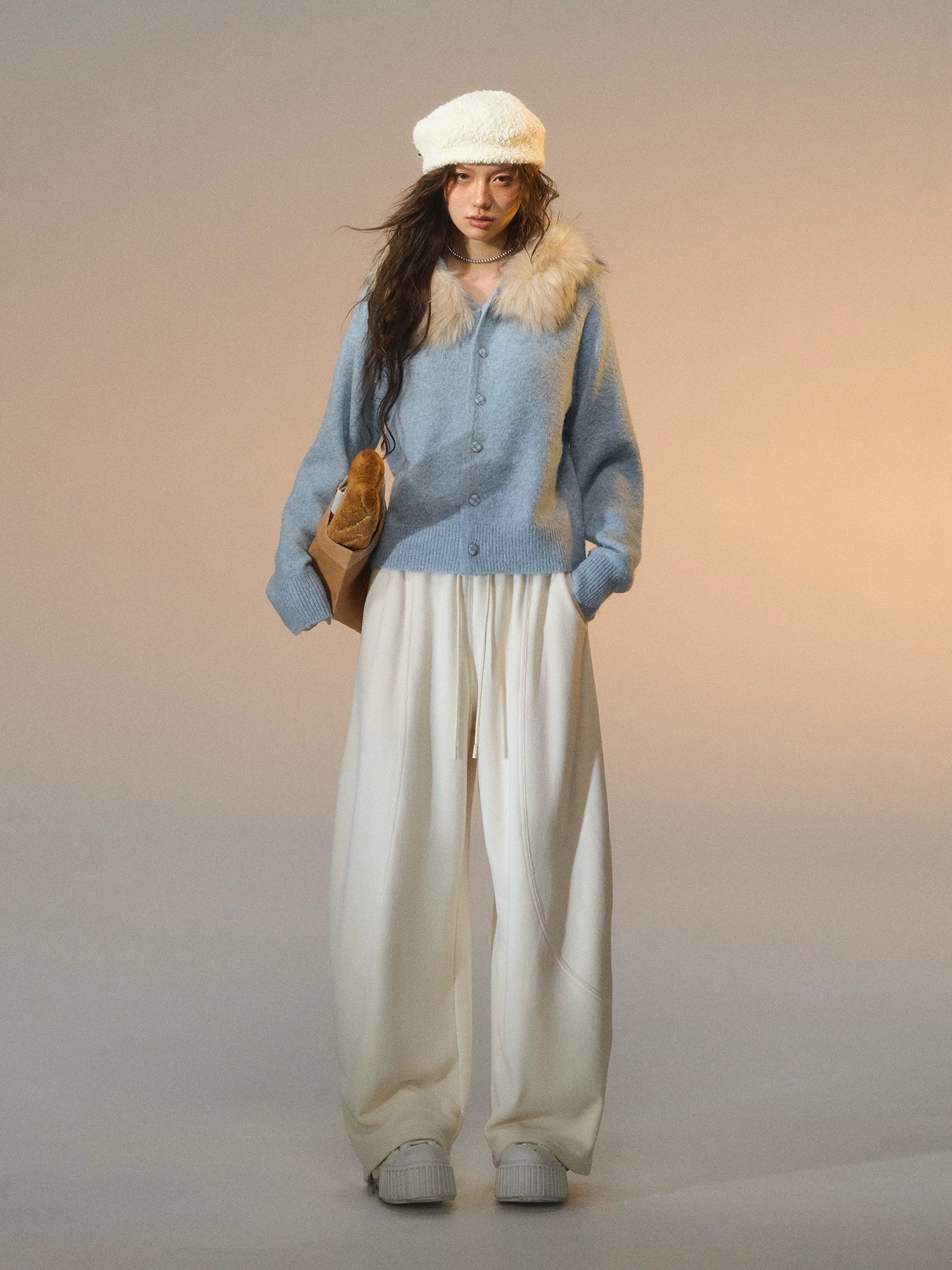 Detachable Fur Collar Fleece Hooded Cardigan